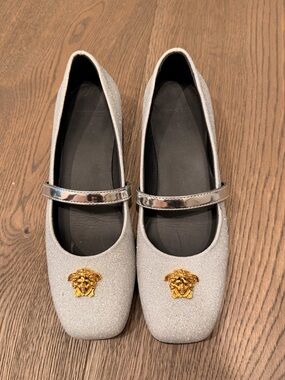 Versace Silver Glitter Mary Jane Flats with Gold Medusa Emblem